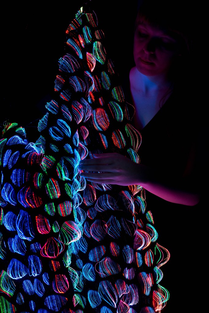 Droplet, Jacquard woven fabric that lights up through optical fibres using programmable RGB LED.